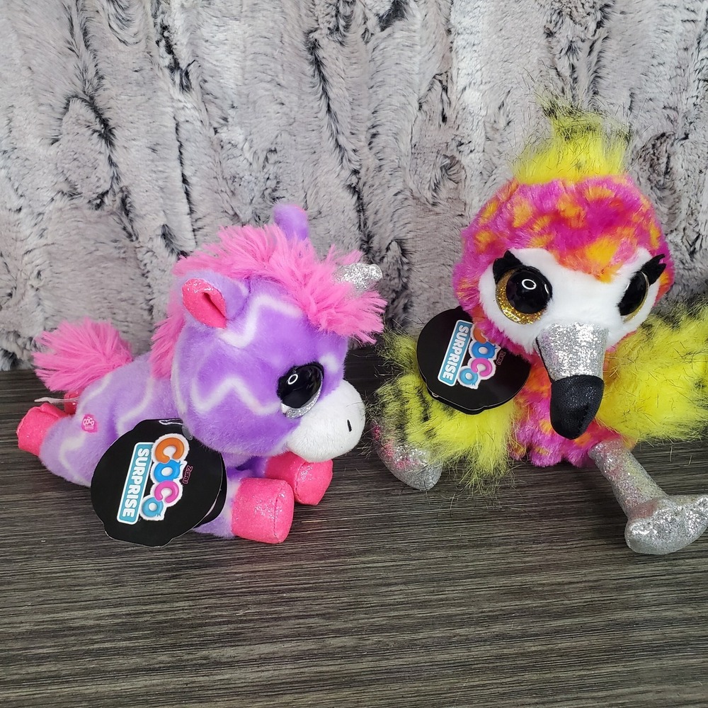 CoCo Surprise Purple Unicorn ZIGGY and Pink Bird FLISS 6.5" BIG Sparkle Eyes